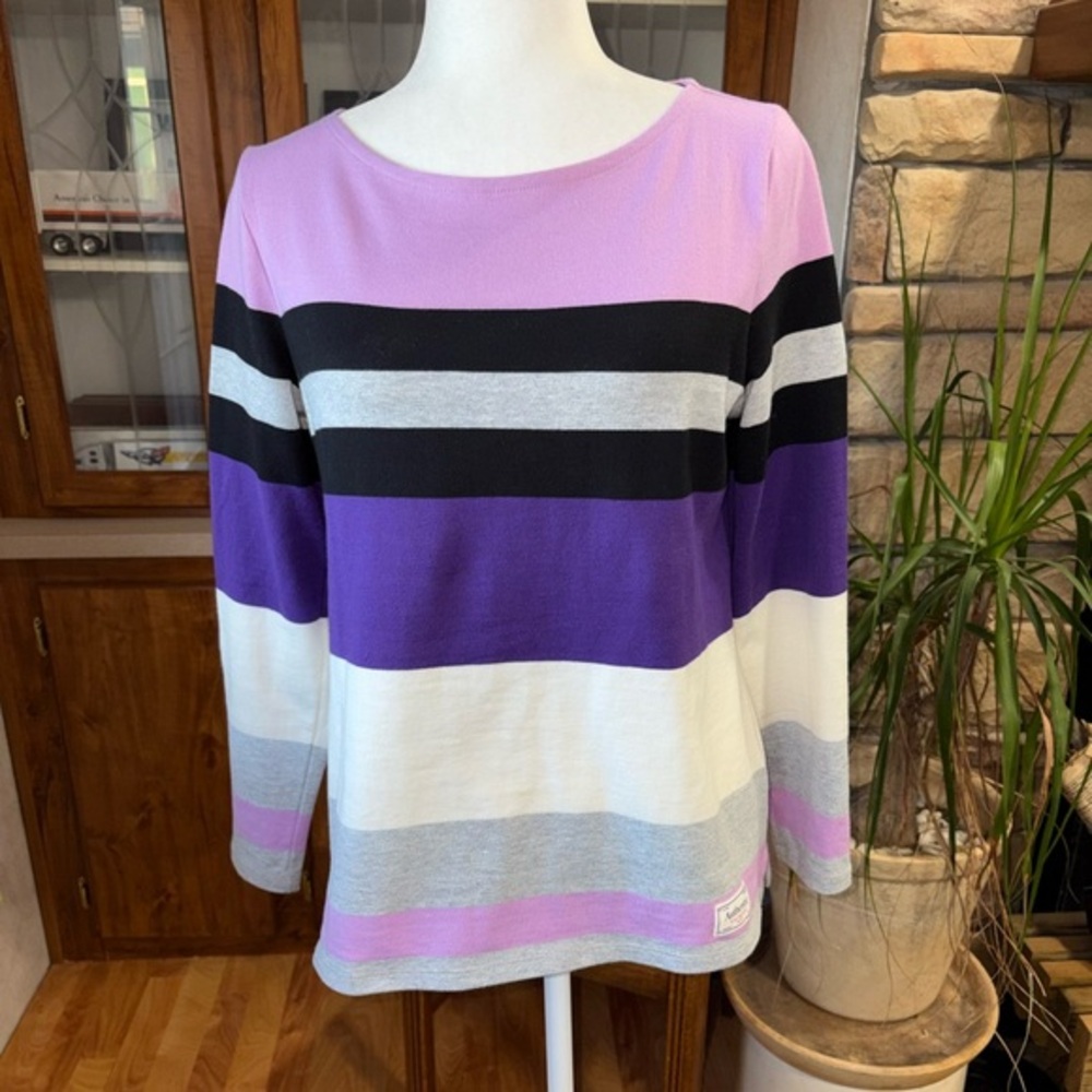 TALBOTS SIZE MEDIUM PETITE STRIPED MULTICOLORED PURPLE & BLACK LONG SLEEVE TOP